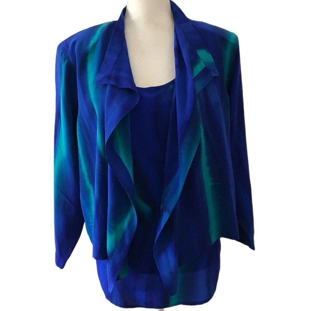 VINTAGE Aliki Yamani Creations Sz S 2 Piece Blouse Tank Cami Set Blue Green Silk